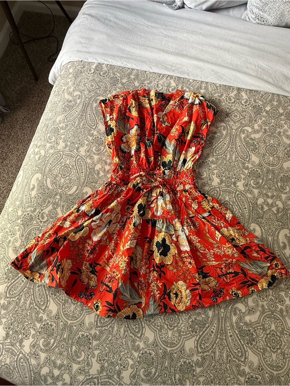 100% Cotton Red Floral Tie-Front Mini Dress with Elastic Waist